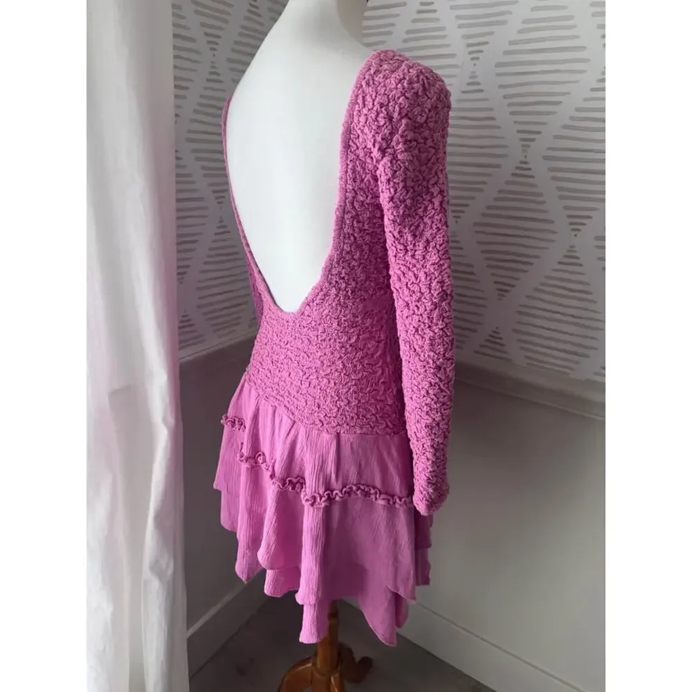Free People Small Pink What A Time Drop-Waist Crinkle Stretchy Mini Dress
